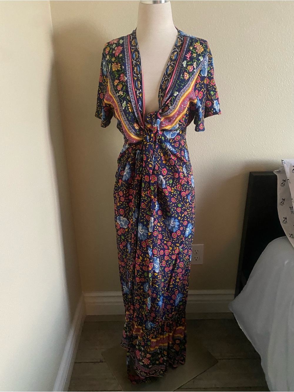 Boho Floral Maxi Dress with Tie Front - Navy Multi